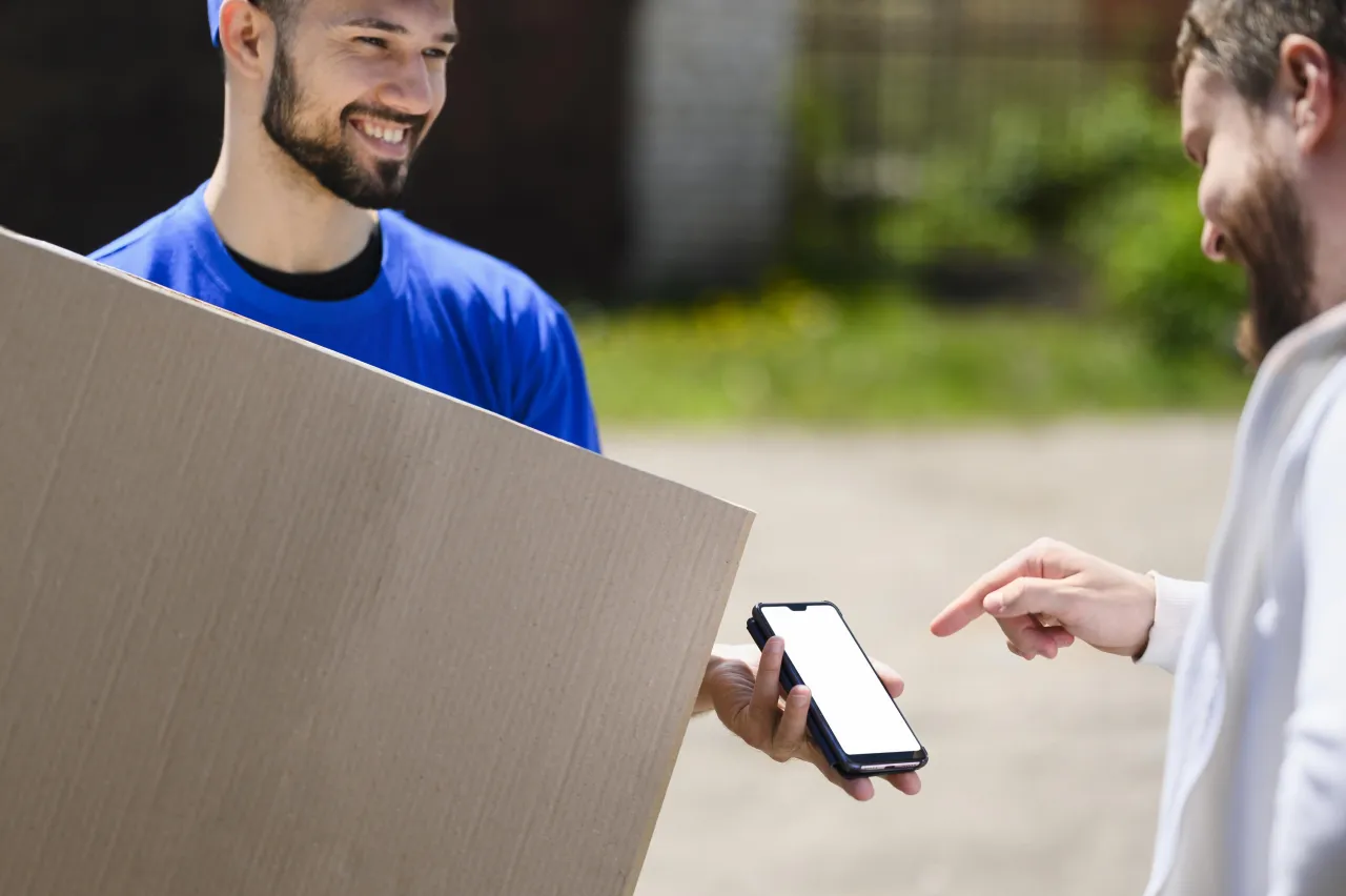 A courier confirming details with a customer at the doorstep