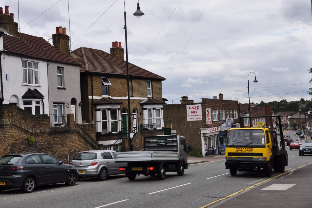 Crayford High Street with period shopfronts and terraced buildings