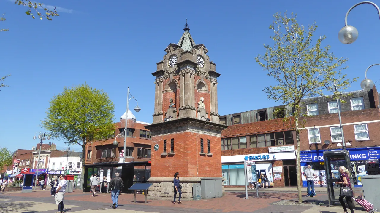 Bexleyheath town centre and its Clock Tower, close to Crook Log at the west edge of the town