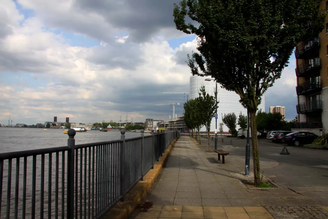 The Thames Path along the riverside at Glaisher Street, Deptford, SE8