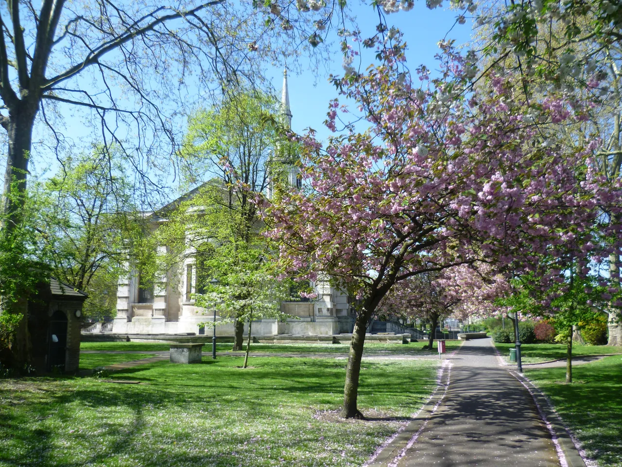 St Paul's Church, Deptford, a Georgian church seen from its churchyard in spring