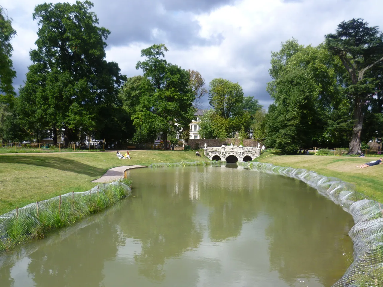 The lake and ornamental bridge in Walpole Park, Ealing