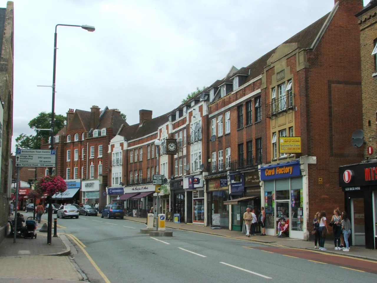 High Street in Beckenham town centre, near Elmers End, with shops and pedestrians