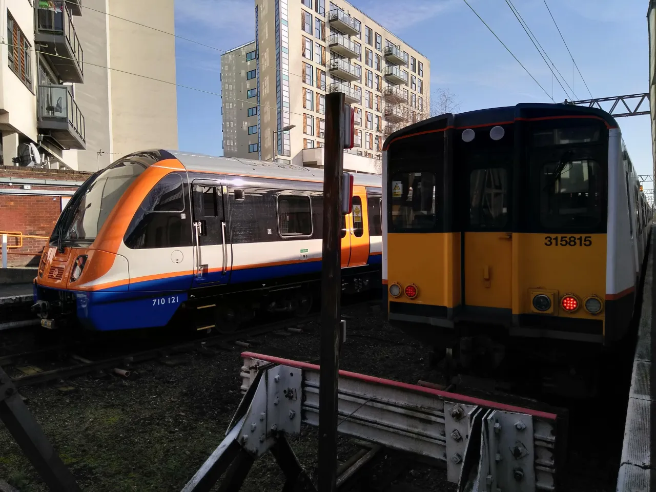 Trains at Enfield Town station, the terminus serving the town centre