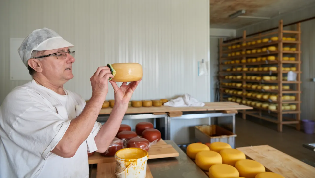 Cheesemaker in a hairnet inspecting a small round cheese in a dairy with ageing shelves behind