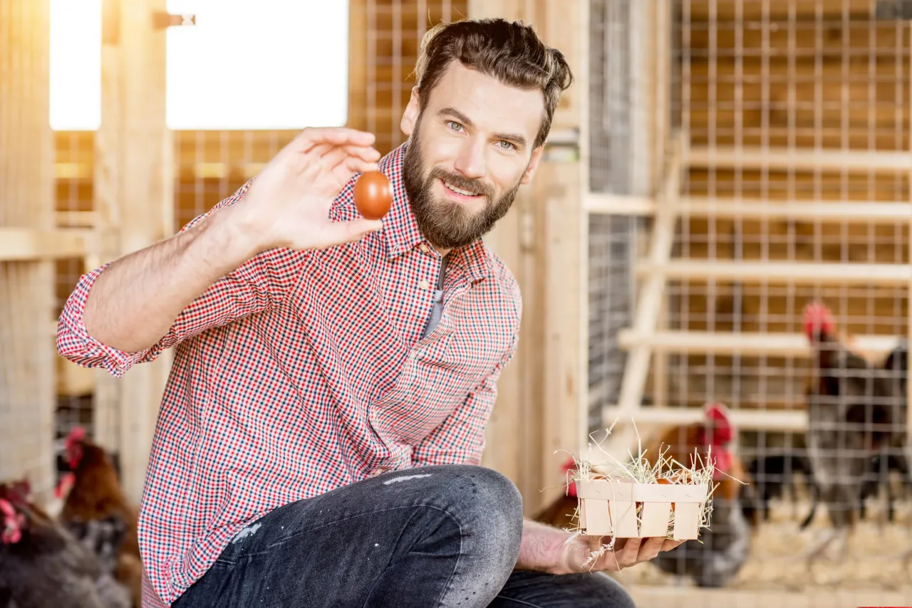 Farmer holding a fresh egg inside a henhouse with hens behind him