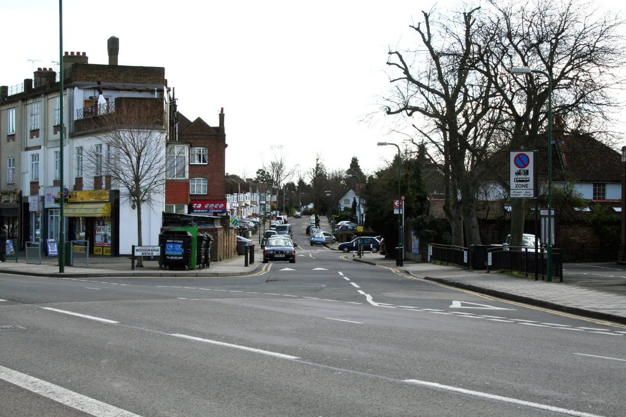 Kenton Road at the junction of Woodgrange Avenue, near the shops