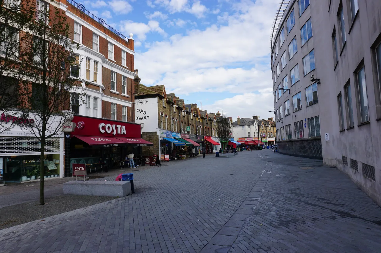 Catford Broadway, in the London Borough of Lewisham, with independent shops along the street