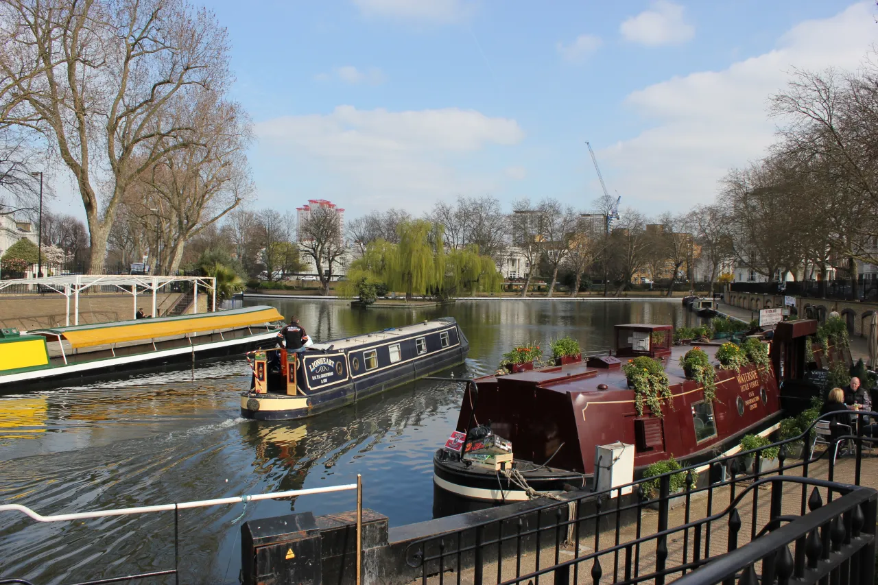 Narrowboats on the canal junction at Little Venice, Paddington, London