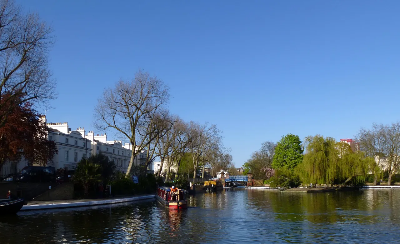 Little Venice, Maida Vale, the canal basin with houseboats and waterside terraces