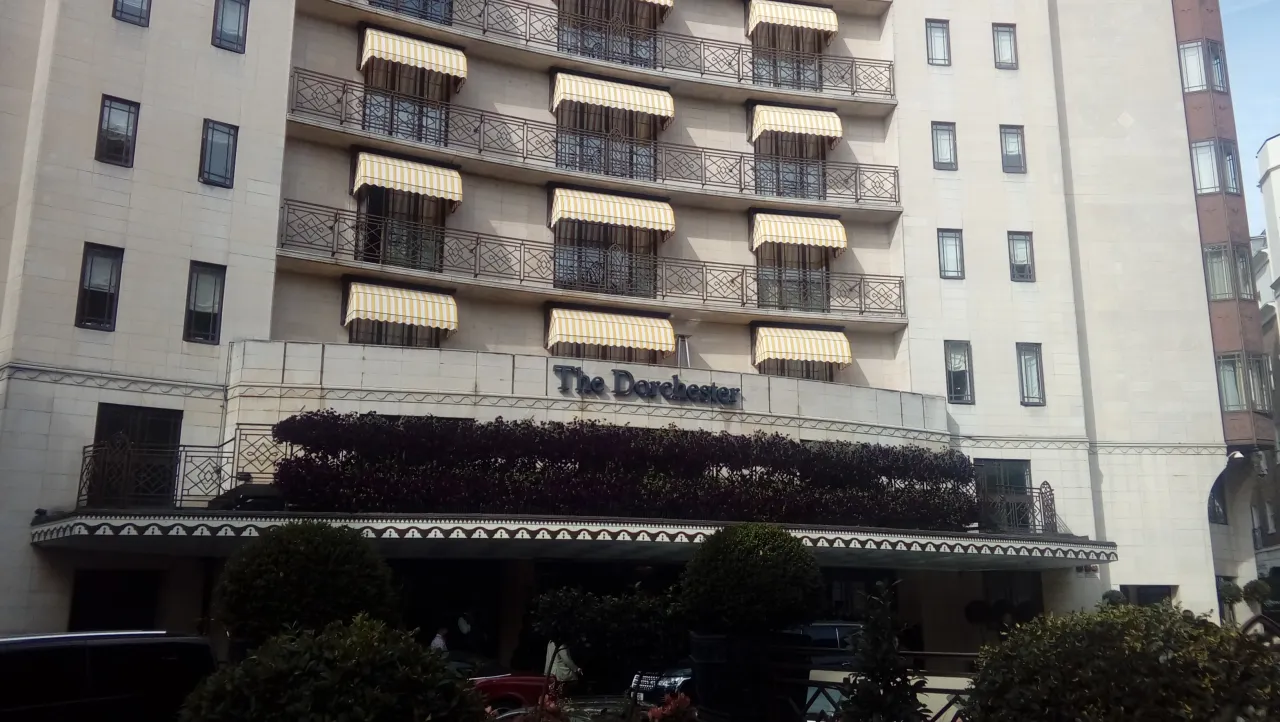The Dorchester Hotel frontage on Park Lane, near Marble Arch