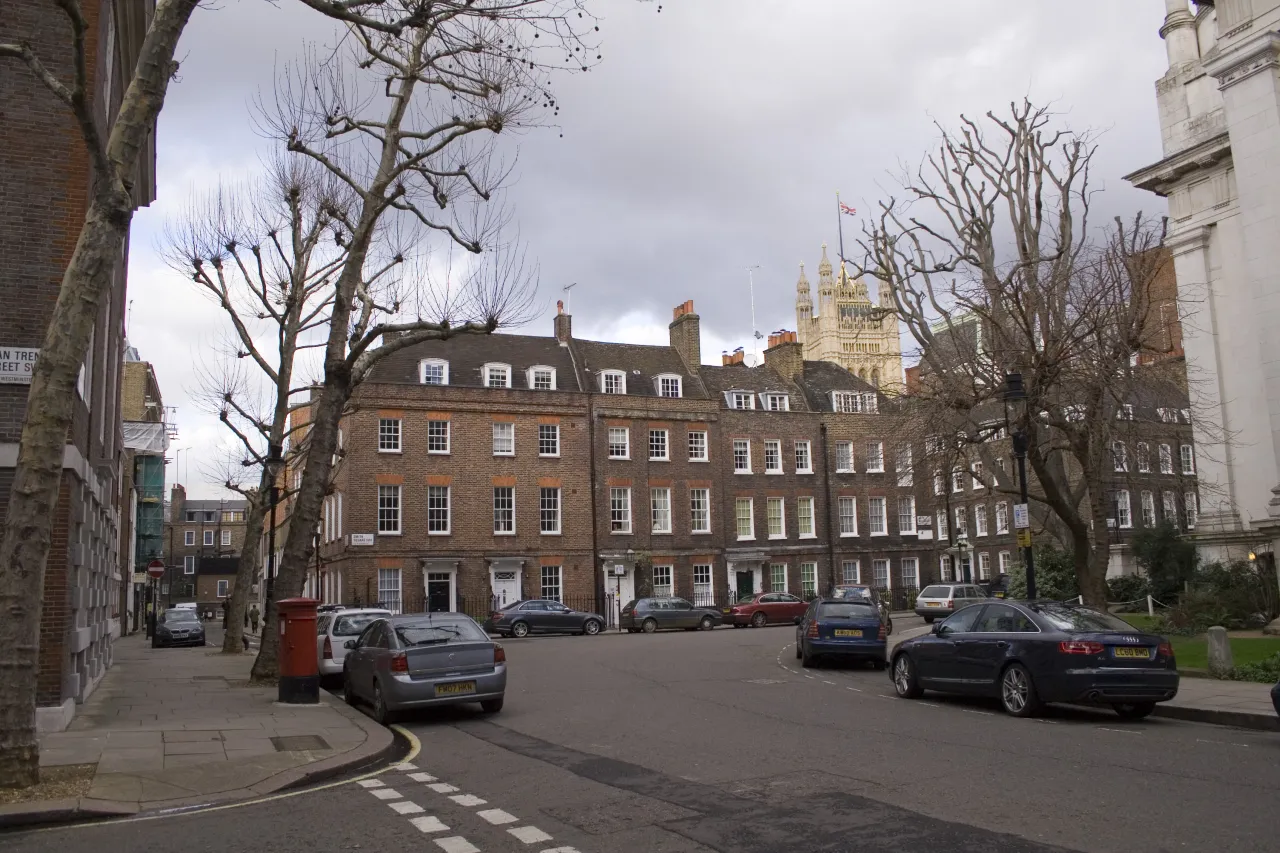 Terraced houses and plane trees in Smith Square, Westminster, a short walk from Millbank