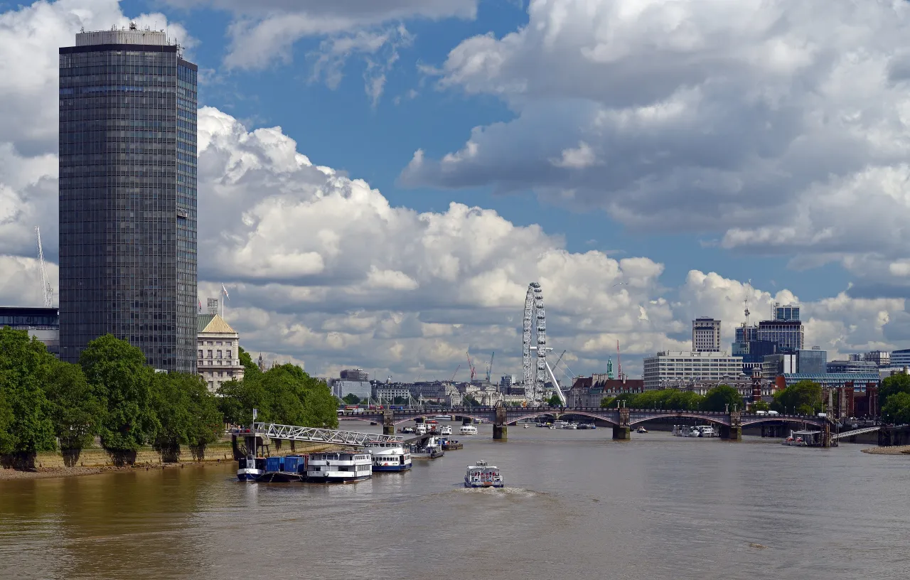 View from Vauxhall Bridge along the Thames towards Millbank Tower and Lambeth Bridge