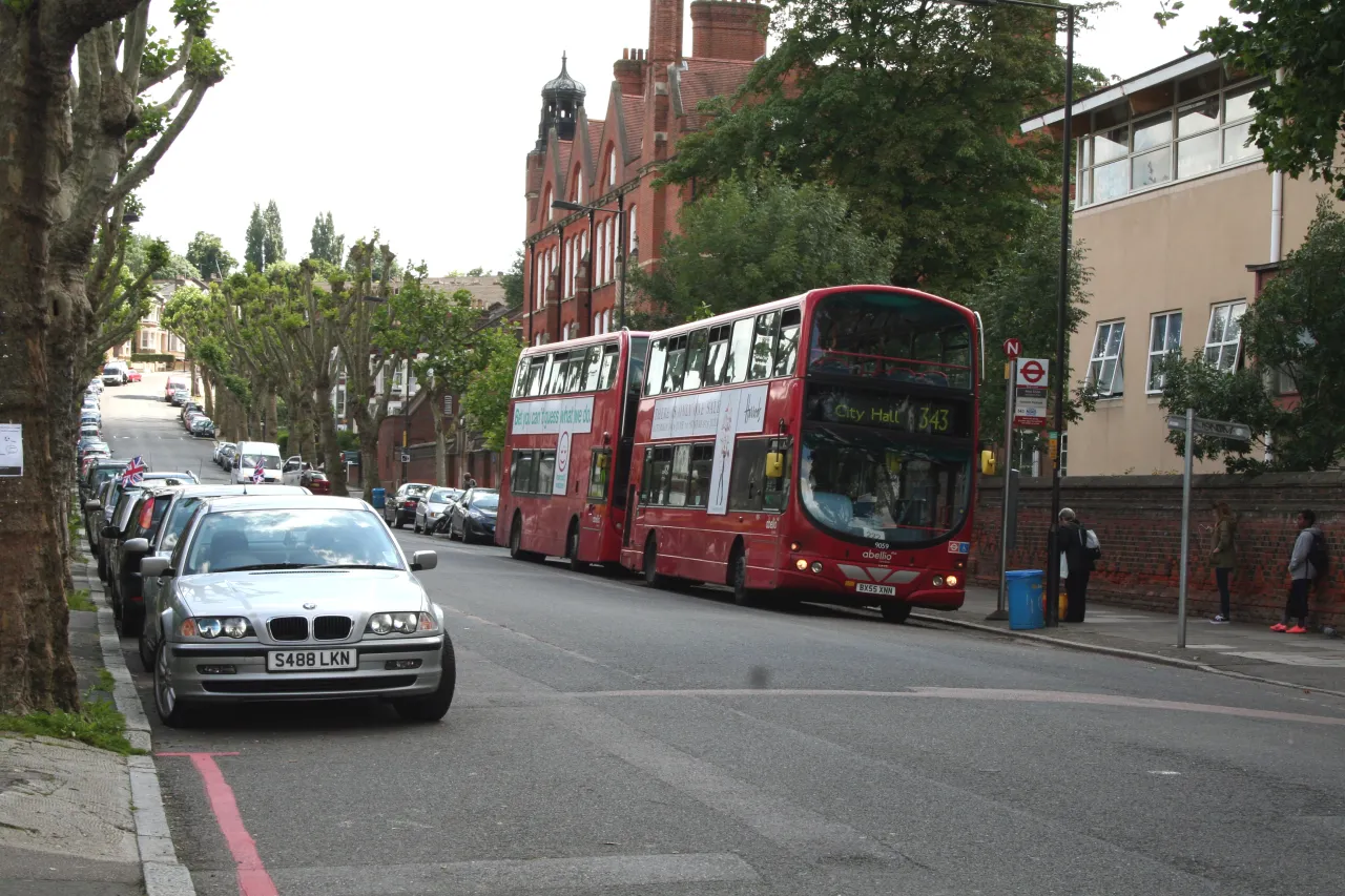 Jerningham Road, New Cross Gate, with buses at the route terminus