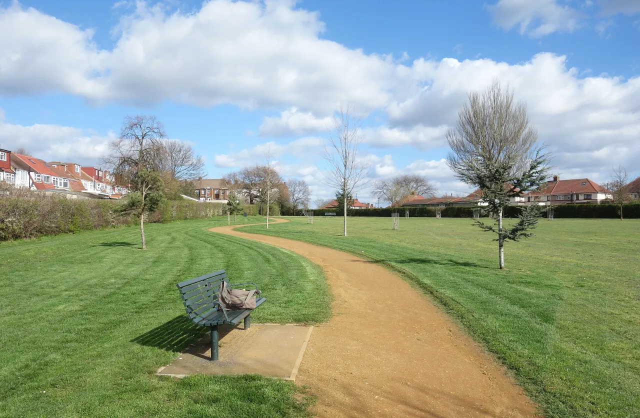 Path and bench through Jubilee Park in nearby Southall, Ealing