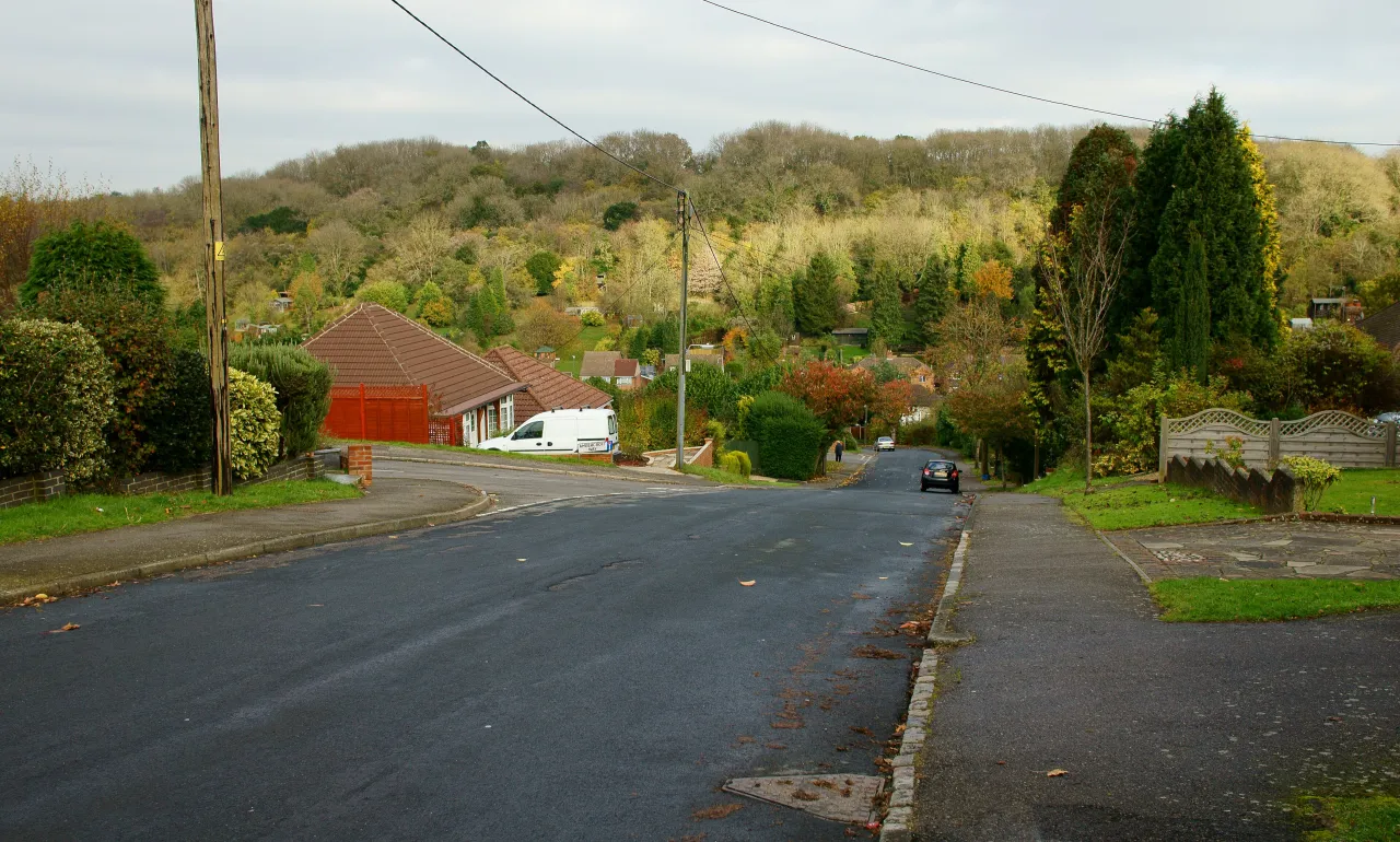 Keston Avenue, a residential street in Old Coulsdon, with the wooded hillside behind