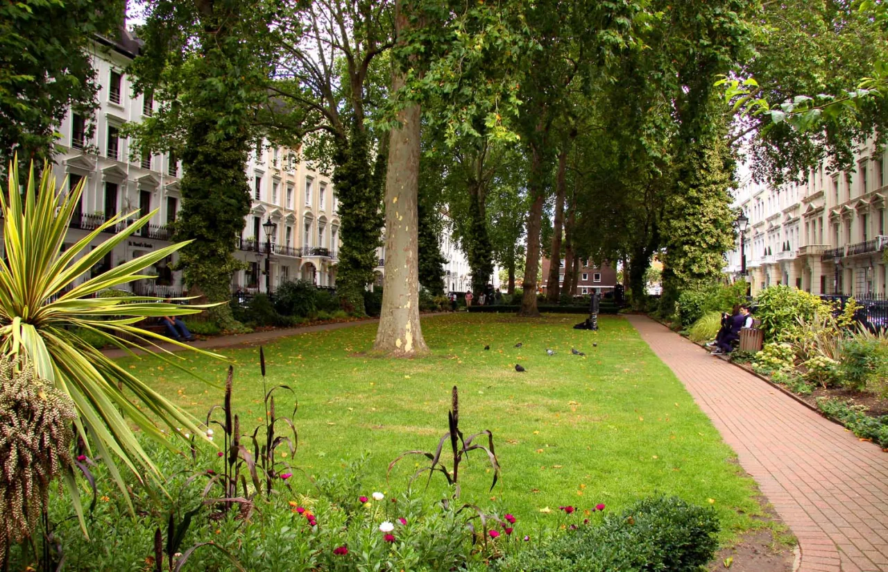 Norfolk Square garden in Paddington, with the surrounding terrace houses