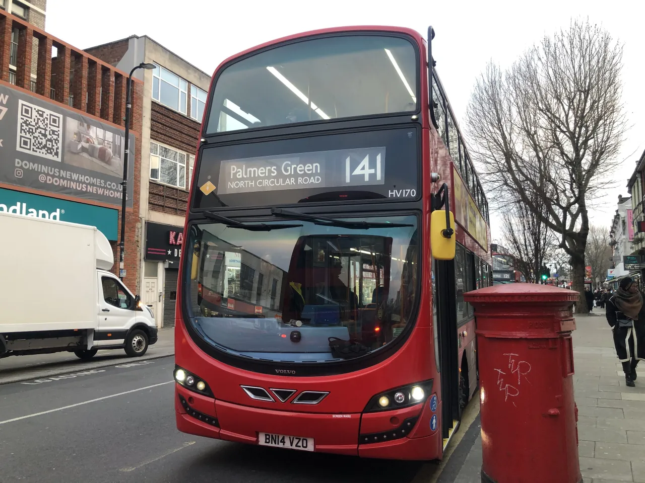 A bus signed for Palmers Green on Green Lanes, the area's busy shopping street