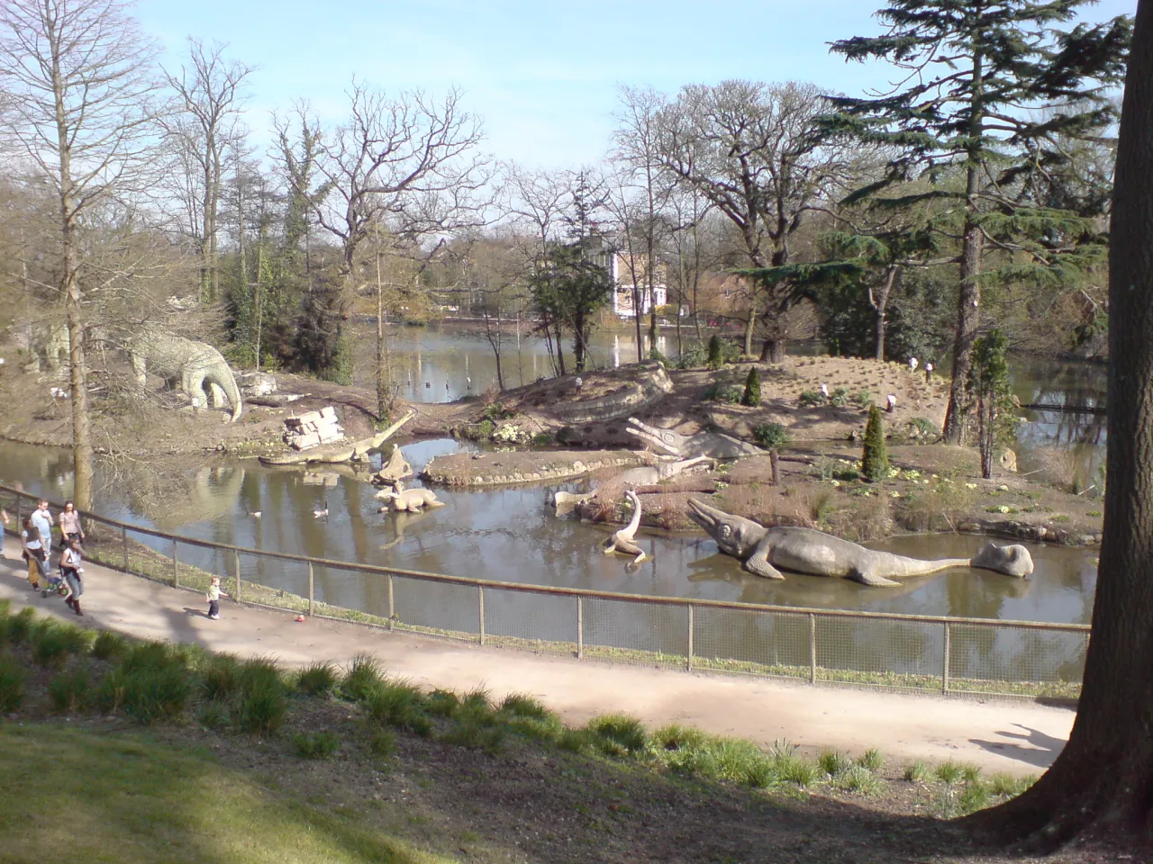 Broad view of the lake and grounds in Crystal Palace Park, near Penge