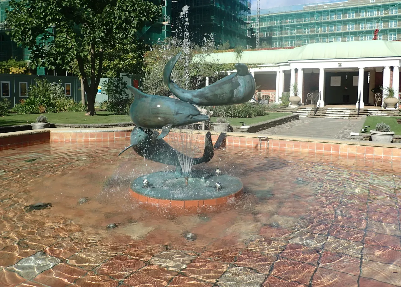 The dolphin fountain sculpture at the centre of Dolphin Square, Pimlico