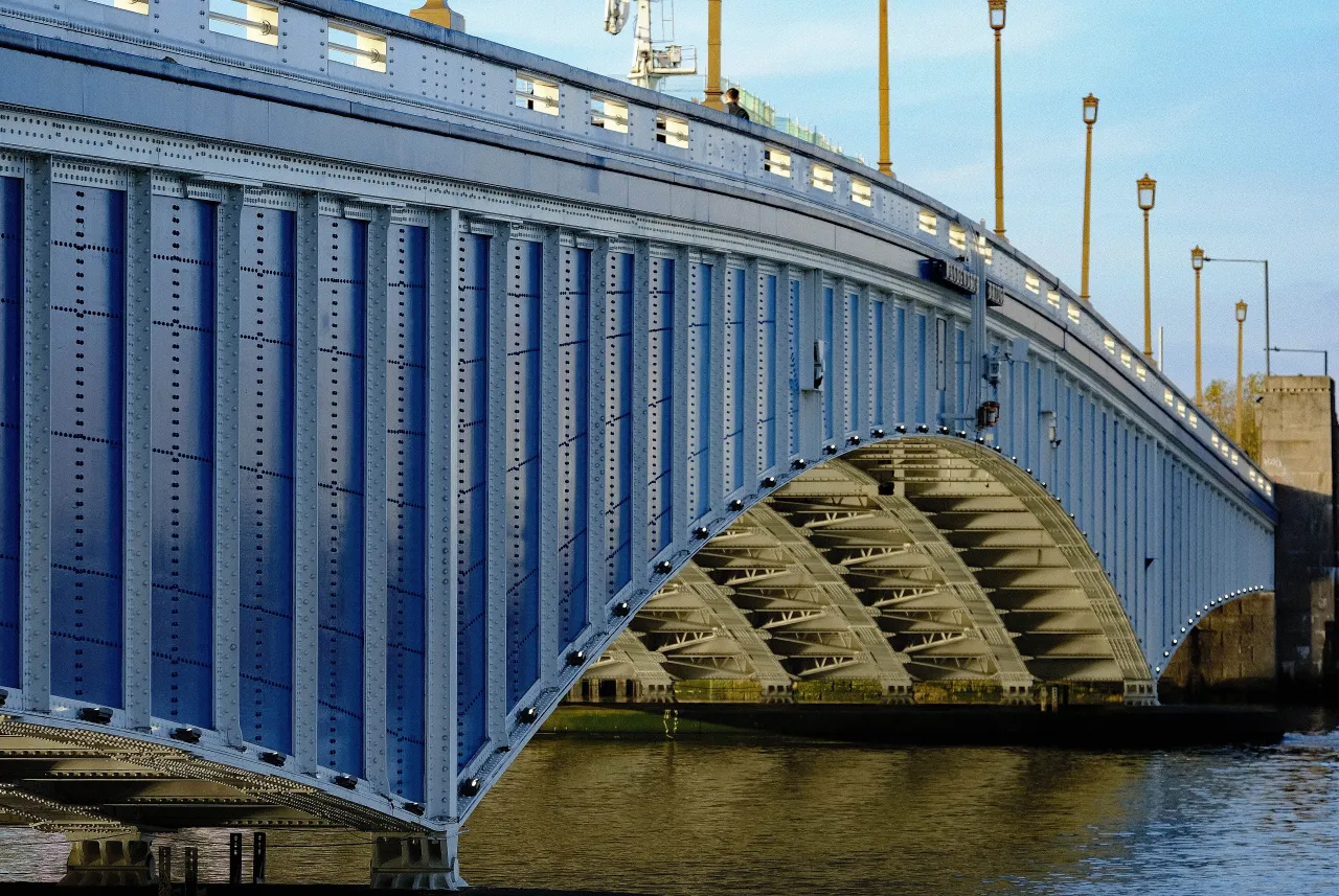 Wandsworth Bridge, the blue road bridge over the Thames at Sands End