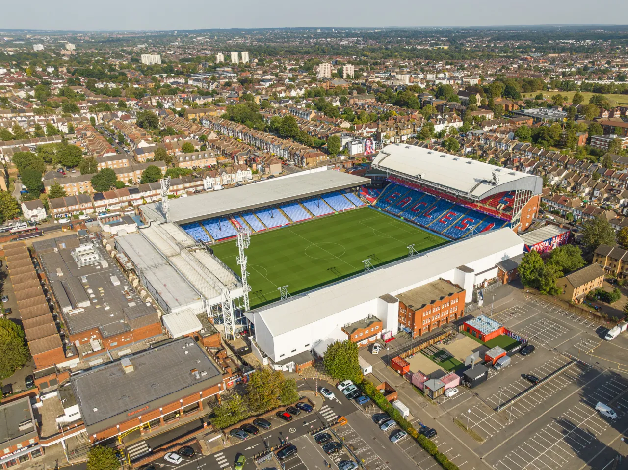 Aerial view of Selhurst Park stadium surrounded by the dense terraced housing of Selhurst