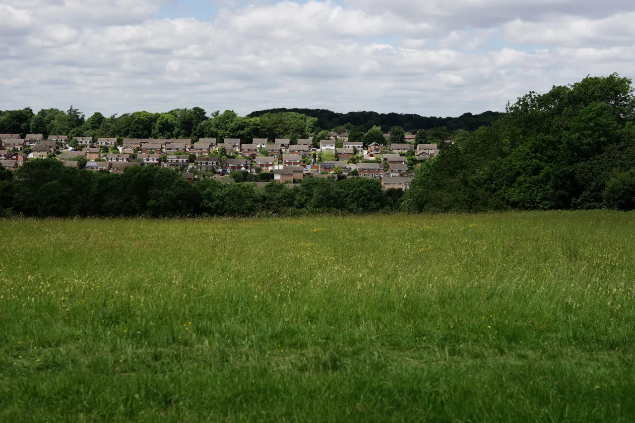 Open grassland with the rooftops of Selsdon, Croydon, visible beyond
