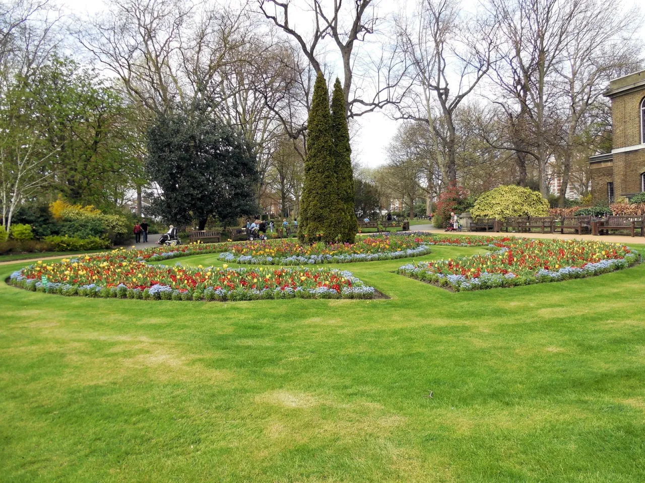 Flowerbeds and lawn in St John's Wood Church Gardens