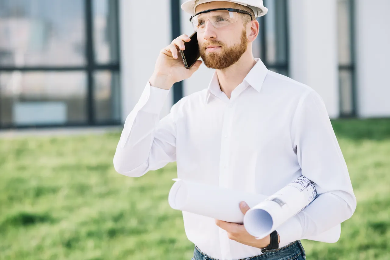 An engineer in a hard hat holding rolled drawings takes a phone call outside a building site
