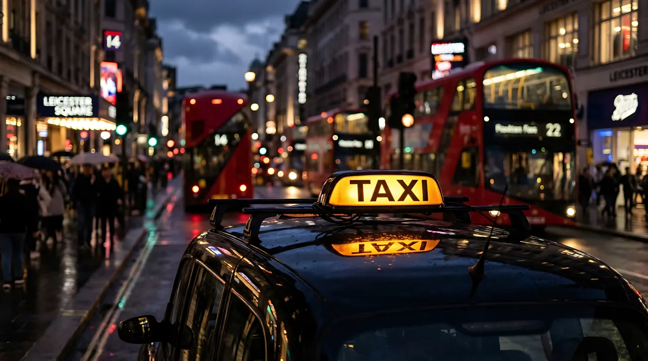A licensed London black cab with its illuminated TAXI sign, parked on a city street at dusk