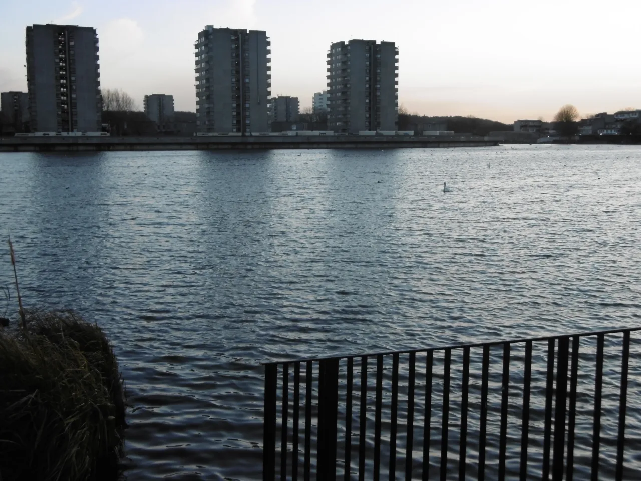 Southmere Lake, Thamesmead, with the brutalist Southmere tower blocks behind