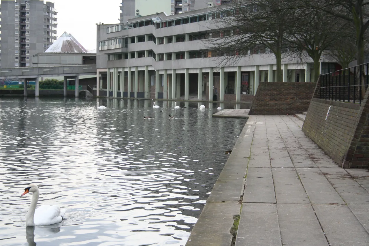 Brutalist waterside walkway on the Thamesmead housing estate, with a swan on the water
