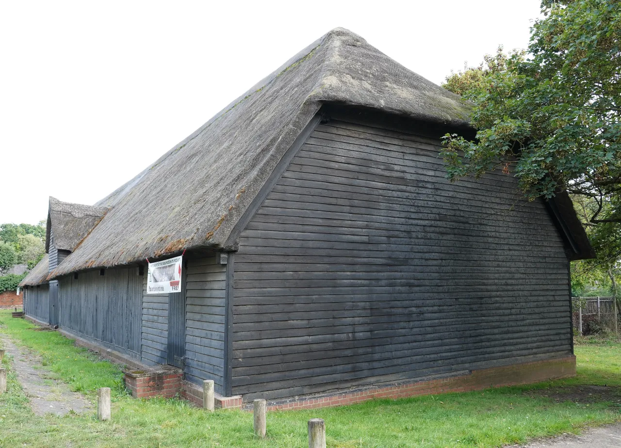 Upminster Tithe Barn, a large timber-framed thatched barn near Upminster Hall