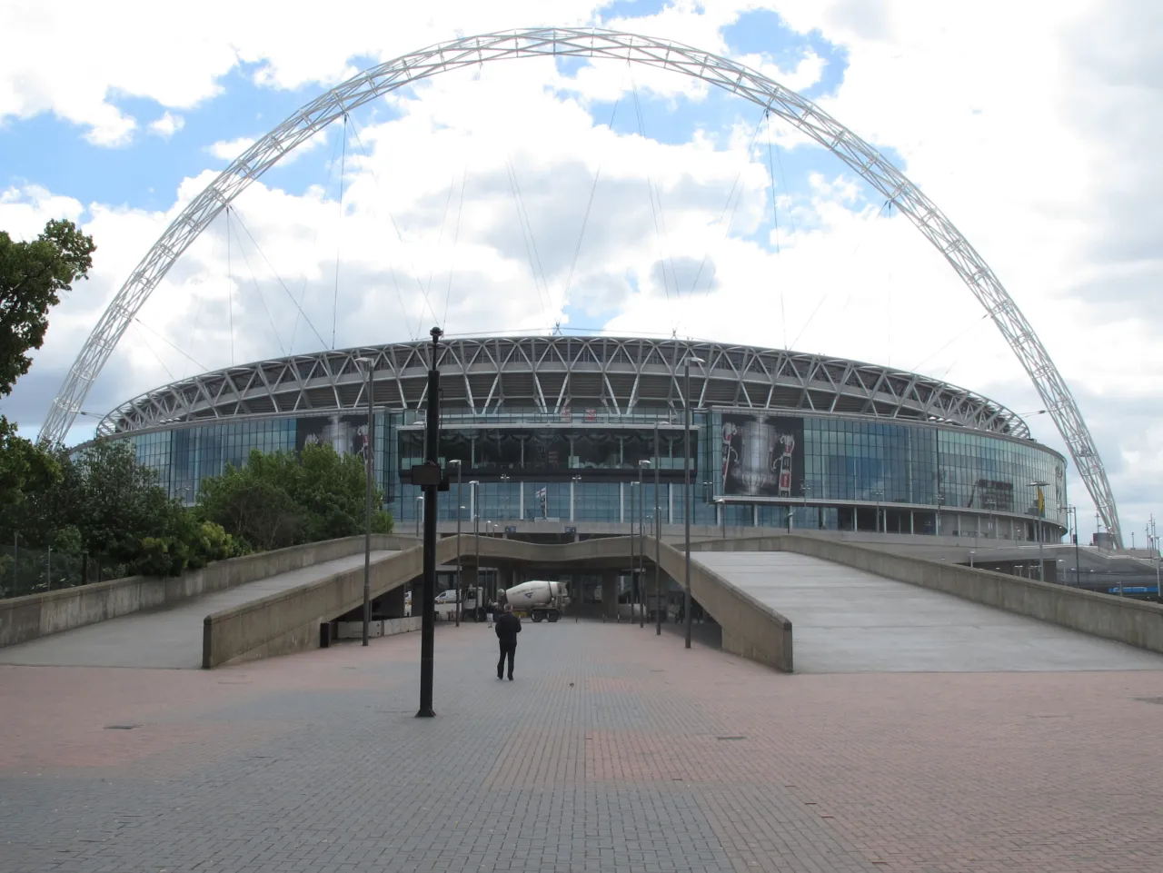 The new Wembley Stadium with its distinctive arch, seen from the approach