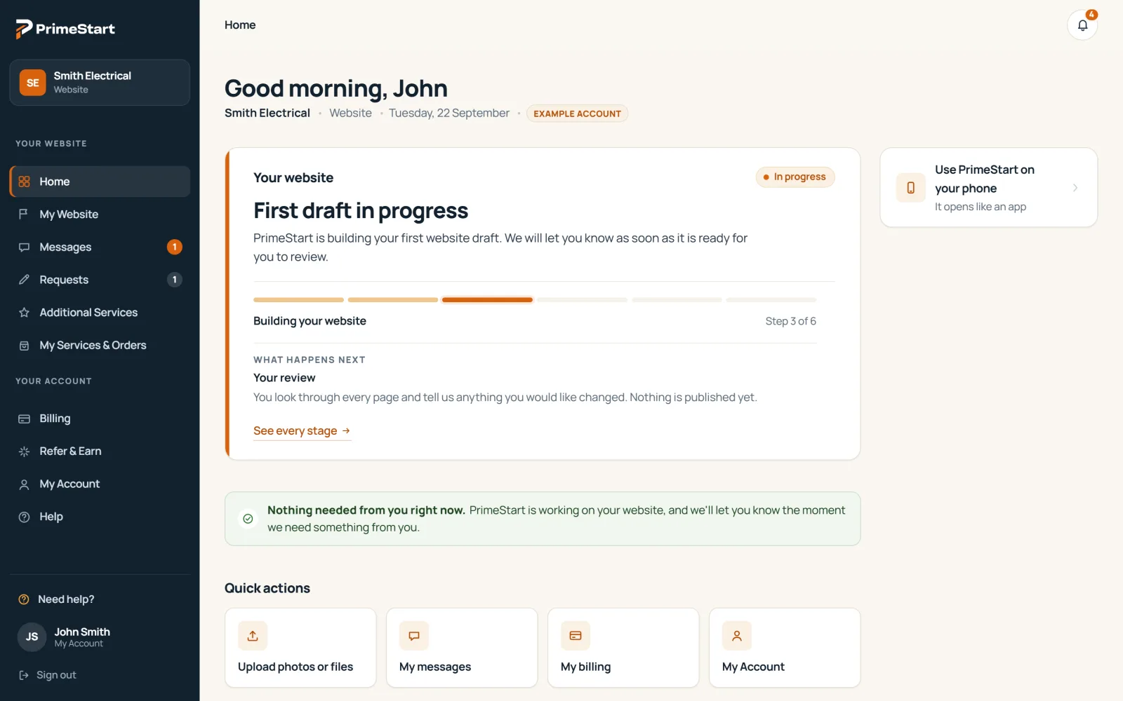 The PrimeStart Client Dashboard showing a website in progress