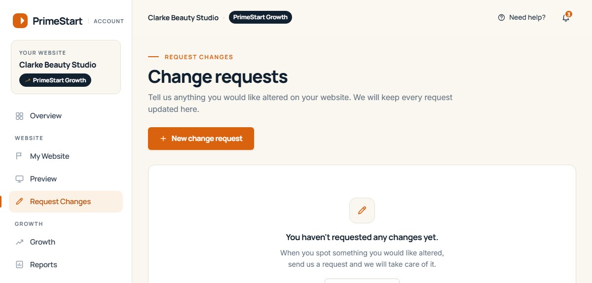 The Change requests page of the Client Platform for a fictional beauty studio, with a New change request button.