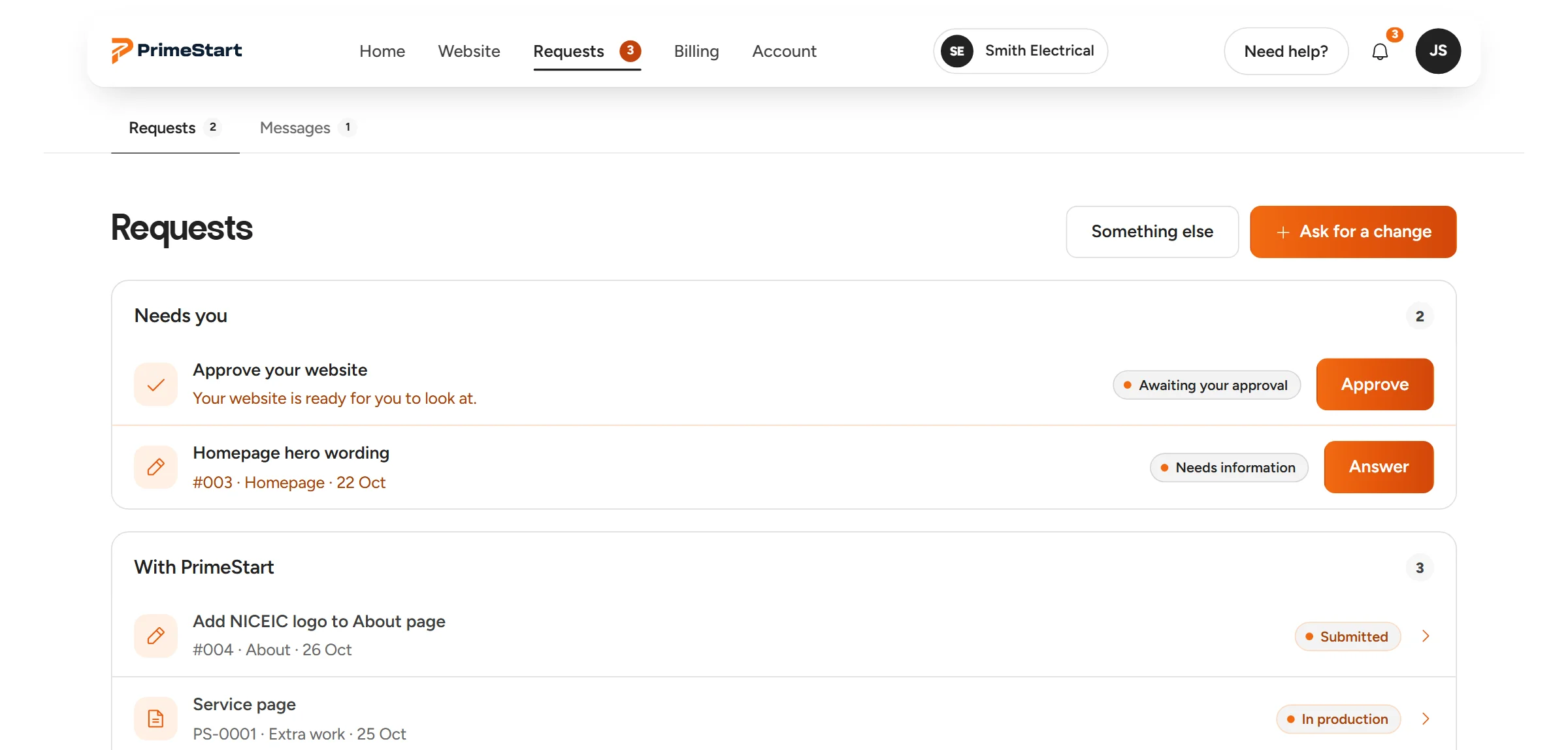 The Changes screen of the Client Dashboard