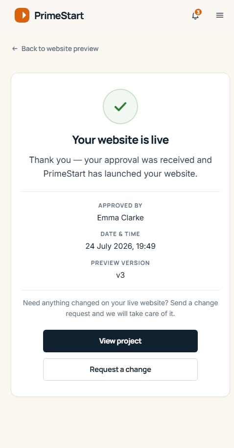 The approval record of the Client Platform on a phone, for a fictional beauty studio: "Your website is live", with who approved it and when.
