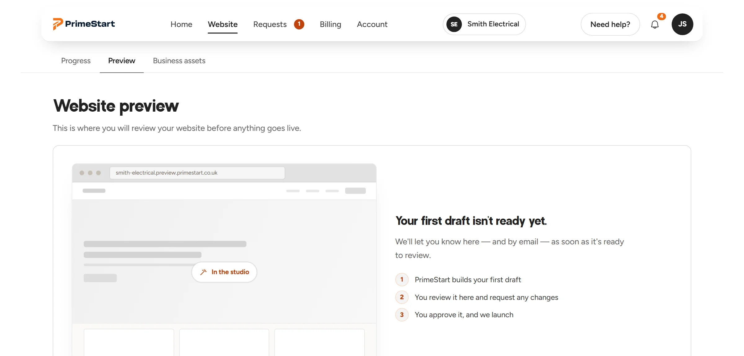 The Website preview screen of the Client Dashboard, where you review your website before anything goes live