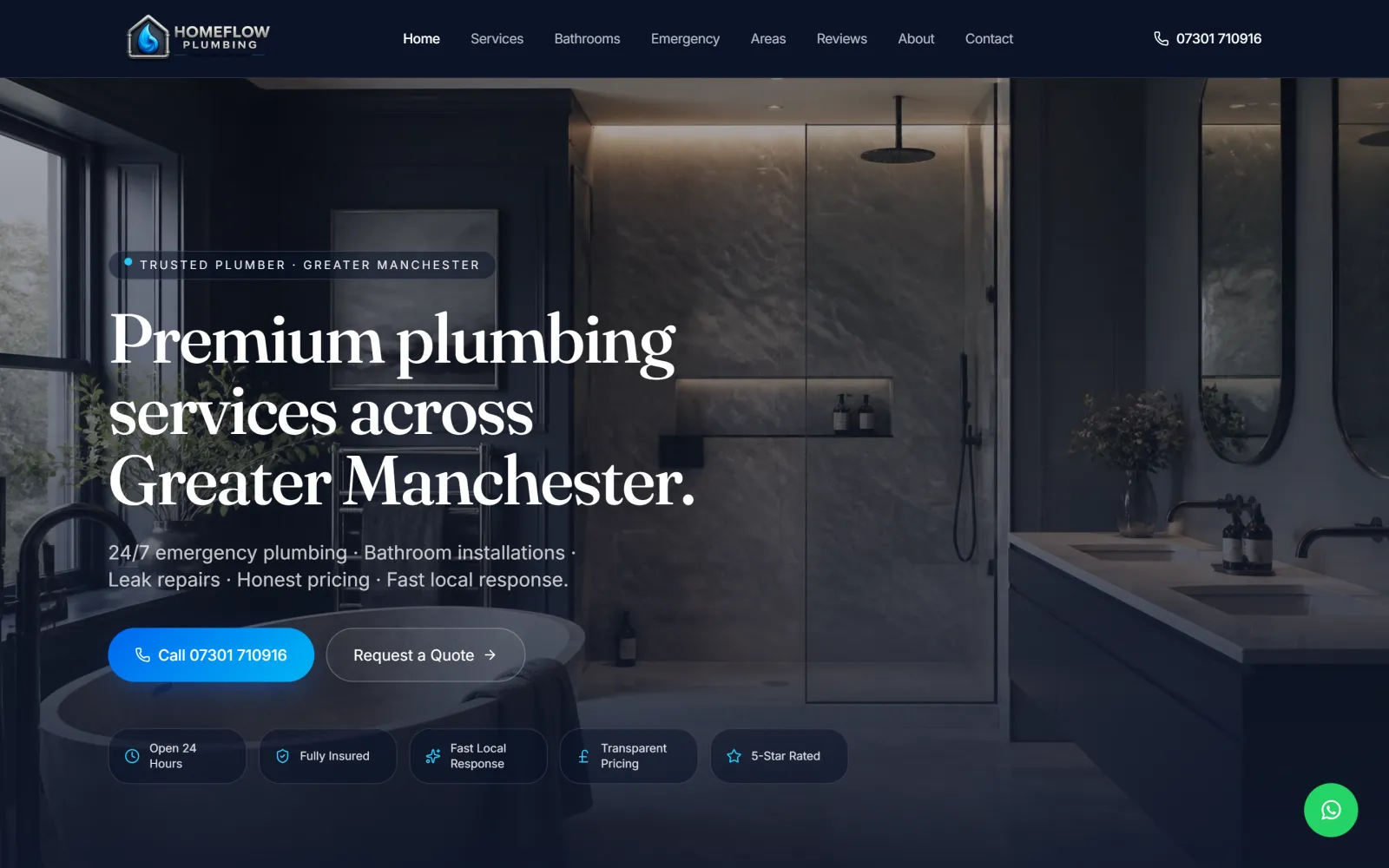The Home Flow Plumbing website's home page on a desktop screen