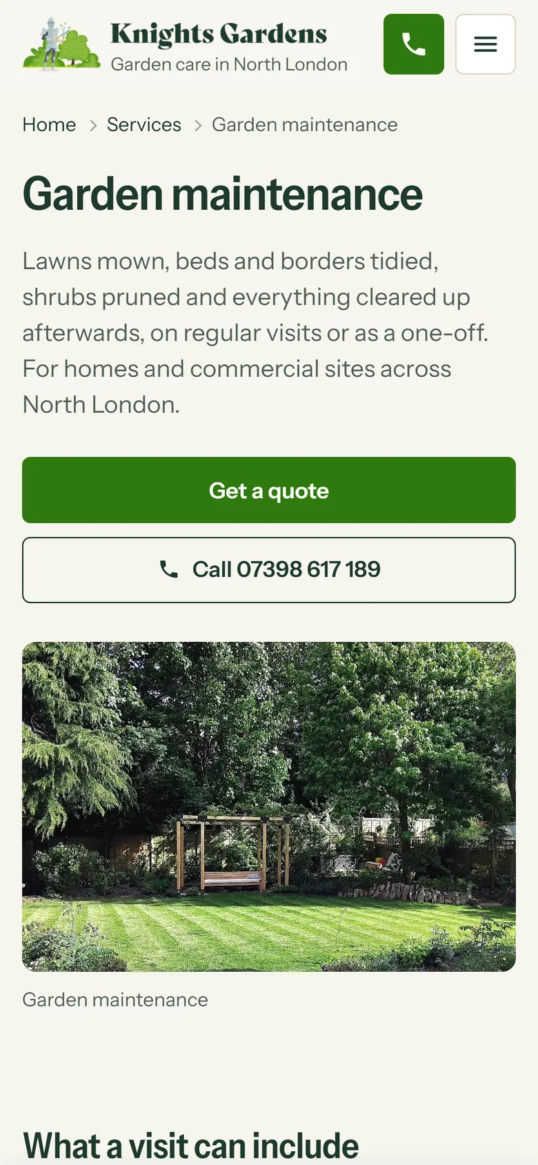 The Knights Gardens website's garden maintenance service page on a phone