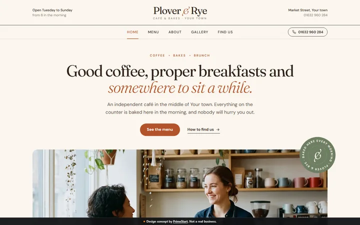 A one-page website design for a café
