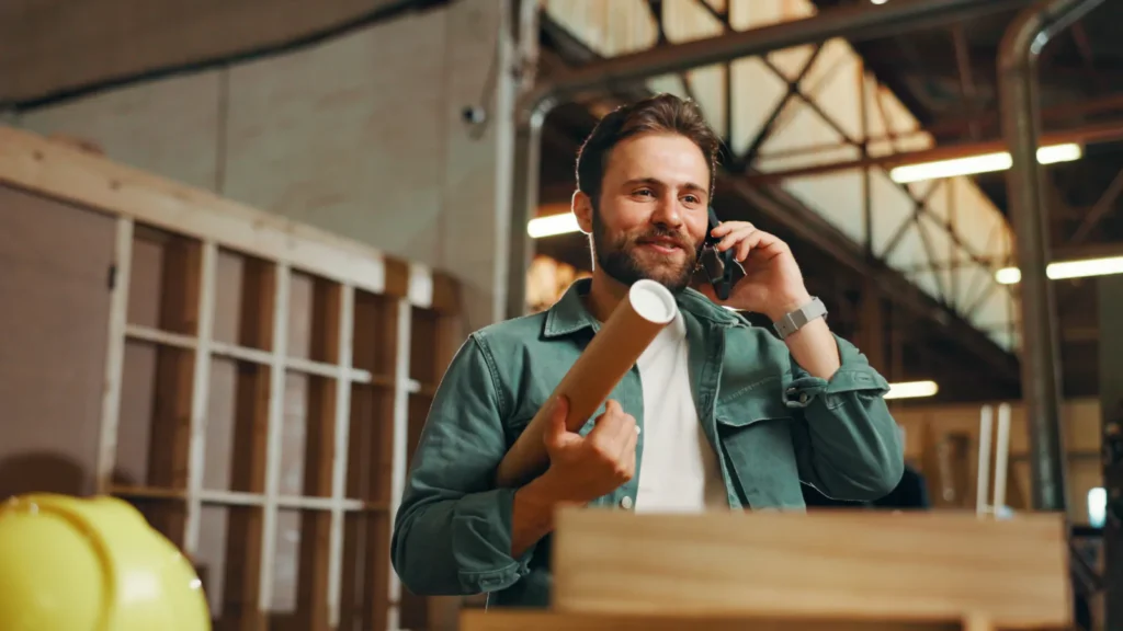 A joiner taking a phone call in his workshop with rolled plans under his arm